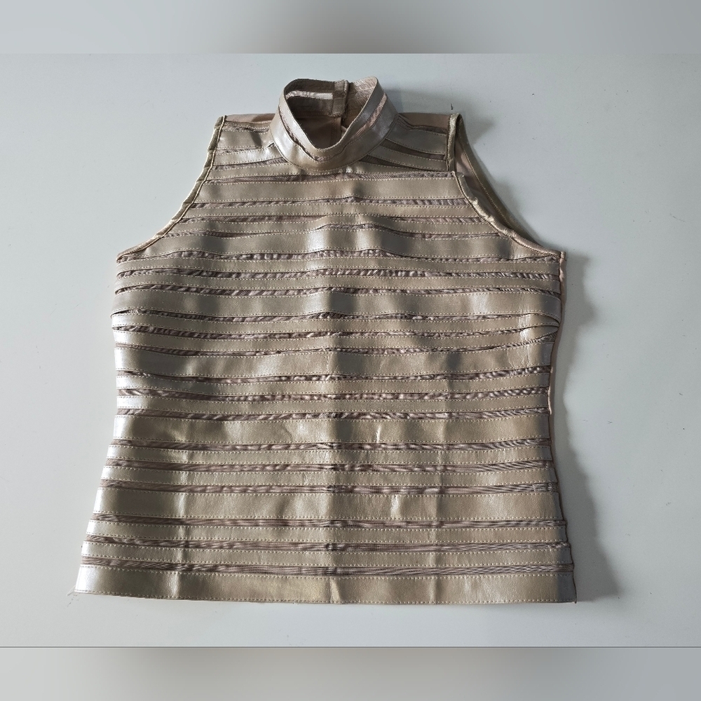 Vntg Sagaie Mesh Faux Leather Top Size 4 US Large Beige
